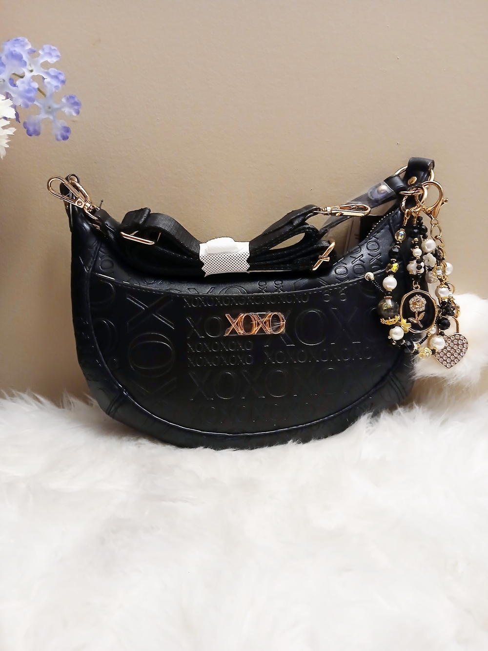 XOXO Black Embossed Crescent Shoulder Bag with Charm Cluster